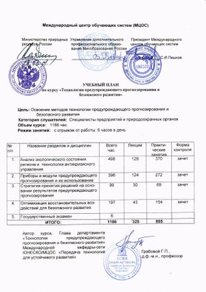 Учебный план по курсу «Технологии предупреждающего прогнозирования и безопасного развития»